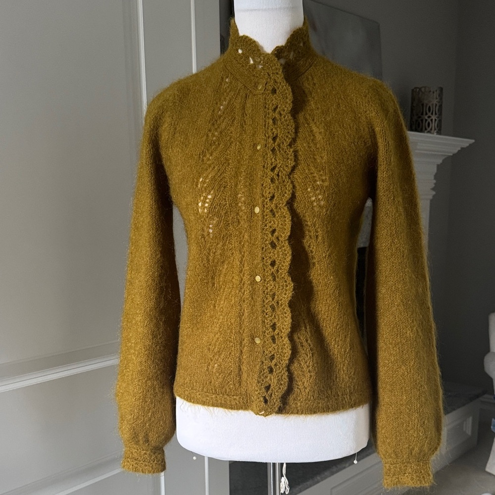 Sezane La Maille Angie Olive Green Mohair Lace-Trim Cardigan XS